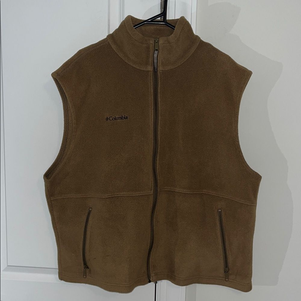 Columbia mens Fleece sweatshirt Full Zipper Jacket vest XL -2 pocket Lt Brown